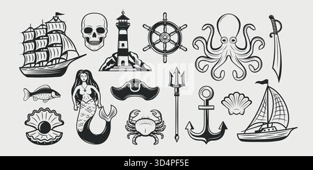 Vintage-Kollektion mit 15 Meereselementen. Nautische Elemente. Seeschiff, Segelboot, Leuchtturm, Meerjungfrau, Oktopus, Anker, Muschelperle, Poseidons Dreizack Stock Vektor