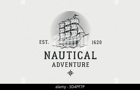 Marine, nautische Logovorlage. Altes Vintage-Schiff, Segelboot-Logo. Druck für T-Shirt, Typografie. Altes Schiffsmemblem. Vektorabbildung Stock Vektor