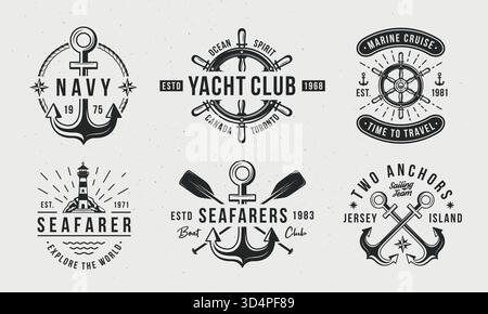 Nautisches Vintage-Logo-Set. Nautische Embleme für T-Shirt, Banner und Poster. Anker, Sea Wheel, Leuchtturmsymbole. Trendiges Hipster-Design. Marinelabor Stock Vektor