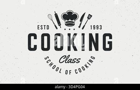 Logo der Kochklasse. Kochemblem mit Kochmütze, Messer, Schneebesen und Nudelnadel. Trendiges Poster-Design. Vektorabbildung Stock Vektor
