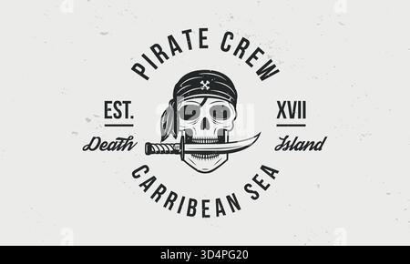 Pirate Corsair Vintage-Logo-Vorlage. Pirate Crew Logo. Schädel in Piratenbandana mit Messer im Mund. Druck für T-Shirt, Typografie. Piratenemblem isol Stock Vektor