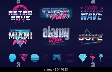 Set aus 6 Retro Neon-Logovorlagen und 10 trendigen Elementen für Ihr eigenes Design. Druck für T-Shirt, Typografie. Trendiges Retro-80-Design für Logo, Stock Vektor