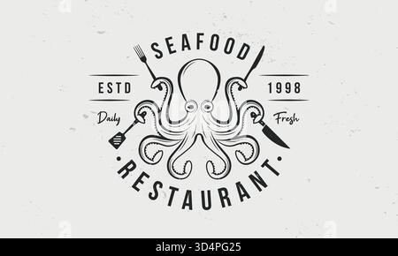 Logo des Fischrestaurants, Poster. Trendiges Seafood-Logo mit Oktopus, Trident, Spatel und Fisch. Vintage-Design mit handwerklicher Textur. Menü im Restaurant Stock Vektor