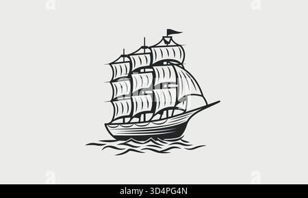 Old Ship Vintage Silhouette. Piratenboot, Segelschiff Illustration im trendigen Vintage Hipster-Stil. Nautische, Marine-Logo-Vorlage. Vektorabbildung Stock Vektor