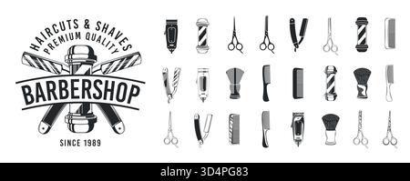 Set mit 15 Retro Barbershop-Elementen. Trendige Barbershop-Elemente für Ihr eigenes Design. Barbershop-Vorlagen für Logos, Etiketten, Cover, Poster und T-Shirts Stock Vektor