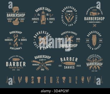 Vintage-Hipster-Logovorlagen für Barbershop. 12 Logos und 16 Designelemente für Friseur und Friseur. Vorlagen für Barbiershop-Embleme. Vektor krank Stock Vektor