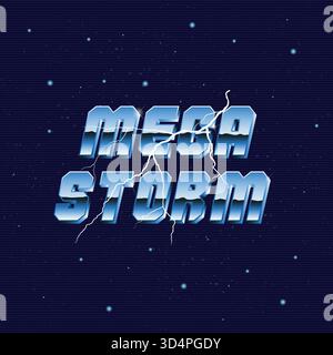 Mega Storm Retro Neon-Logo. 80er-Logo mit Blitz. Vektor-Logo-Vorlage. Stock Vektor