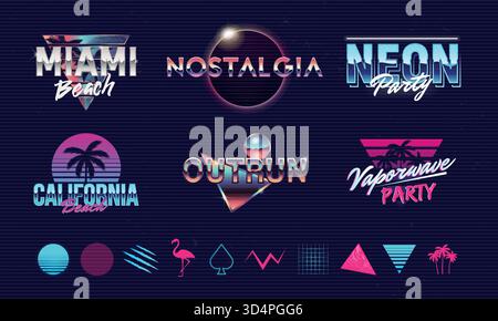 Retro-Logo der 80er Jahre. 6 Retro Futuristic-Logo und 10 Retro-Elemente. Vaporwave, Neon-Embleme. Trendiges Design für T-Shirt, Poster, Banner. Vektor i Stock Vektor