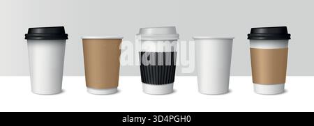 Papierkaffeetassen isoliert auf hellem Hintergrund. Kaffeepapierbecher, Tassenmockups. Kaffeetasse zum Mitnehmen. Vektorabbildung Stock Vektor