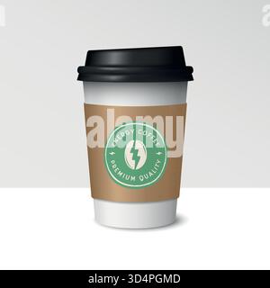 Kaffeepapierbecher. Energy Coffee Logo, Etikett. Kaffeetasse isoliert auf weißem Hintergrund. Vektorrealistische 3D-Illustration Stock Vektor