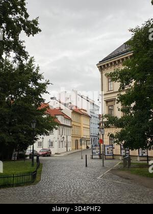 Ruhige kopfsteingepflasterte Straße mit farbenfrohen historischen Gebäuden an einem bewölkten Tag Stockfoto