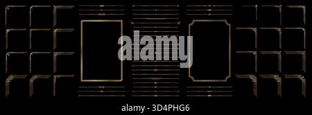 Goldener dünner Rahmen, linearer Rand, Trennzeichen auf schwarzem Hintergrund. Elegante, geometrische Ausstrahlung in Gold grenzt an die Luxuskollektion im Art déco-Stil. Vektor Stock Vektor