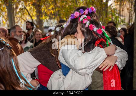 Logrono, La Rioja, SPANIEN. November 2025. 15. Jahrestag des Auto de Fe de Logroño, eine Hommage an die Einwohner von Zugarramurdi, die während der Hexenprozesse von 1610 im Wald der Erinnerung im Ebro Park in Logroño verurteilt wurden. Die jährliche Zeremonie zollt den Opfern der größten Hexenjagd der spanischen Inquisition Tribut. (Foto von MARIO MARTIJA). Quelle: Mario Martija/Alamy Live News Stockfoto