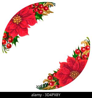 Rote Poinsettien. Rundes Arrangement mit luxuriösen Weihnachtsblumen mit Vintage-Goldverzierungen. Kräftiges Rot und Grün sorgt für Wärme und Frische. W Stockfoto