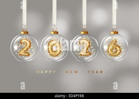 2026 Goldene Ballonnummern mit Mikrolichtern im Glasschmuck, Happy New Year. Realistische 3D-Vektordarstellung Stock Vektor