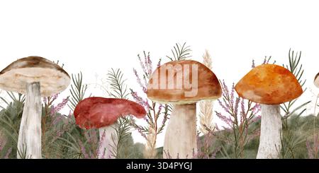 Orangene Kappenpilze in sich wiederholendem Muster mit mehrschichtigen Gräsern und Farnsilhouetten, kräftigen Aquarellstrichen, handgezeichnetem Aquarell, isolierter horizontaler nahtloser Rand Stockfoto