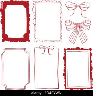 Handgezeichnete Kollektion mit modernen Rahmen und festlichen Bögen in klassischem Weihnachtsrot Stock Vektor
