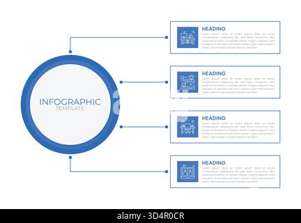 Moderne kreisförmige Infografik-Vorlage mit 4 Schritten und blauen Linien. Perfekt für Workflows, Geschäftsprozesse und Datenvisualisierung. Stock Vektor