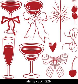 Weihnachtskollektion mit handgezeichneten festlichen roten Gläsern und Alkoholcocktails, Bögen, Sparkler, Oliven und Kirsche Stock Vektor