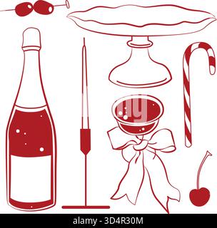 Weihnachtsessen, handgezeichnete Sektflasche, Kerze, Glas mit Schleife, Schüssel, Kirsche, Oliven, Zuckerrohr in roter Farbe Stock Vektor