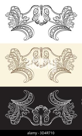 Bildlauf kalligraphische, kunstvolle Motive und Designelemente. Vintage Damast filigrane Hochzeitsschmuck. Handzeichnung im Retro-Muster. Vektorillu Stock Vektor