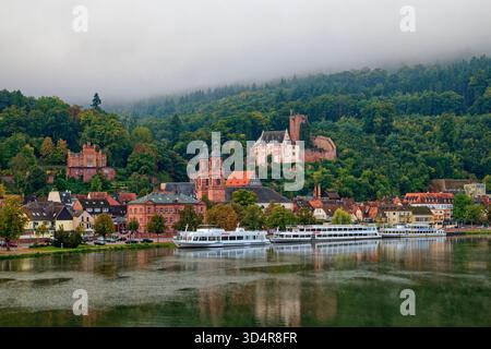 Miltenberg am Main in Unterfranken, Altstadt mit katholischer Pfarrkirche St. Jakobus und Schloss Mildenburg, Nebel über der Stadt, Bayern, Deutschland Stockfoto