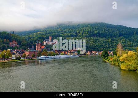 Miltenberg am Main in Unterfranken, Altstadt mit katholischer Pfarrkirche St. Jakobus und Schloss Mildenburg, Nebel über der Stadt, Bayern, Deutschland Stockfoto