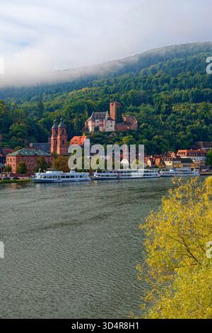 Miltenberg am Main in Unterfranken, Altstadt mit katholischer Pfarrkirche St. Jakobus und Schloss Mildenburg, Nebel über der Stadt, Bayern, Deutschland Stockfoto