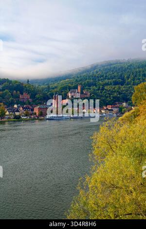 Miltenberg am Main in Unterfranken, Altstadt mit katholischer Pfarrkirche St. Jakobus und Schloss Mildenburg, Nebel über der Stadt, Bayern, Deutschland Stockfoto