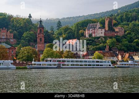 Miltenberg am Main in Unterfranken, Altstadt mit katholischer Pfarrkirche St. Jakobus und Mildenburg, Nebel über der Stadt, Bayern, Deutschland Stockfoto