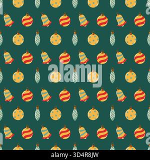 Nahtloses Muster mit Weihnachtskugeln und Glocken in flachem Stil. Vektor festlicher Weihnachtshintergrund. Stock Vektor