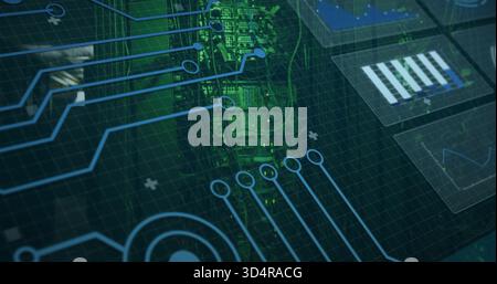 Anzeige des Schaltkreises HUD, das über das grüne Servermodul im Rechenzentrum liegt, mit kreisförmigen Knoten und LEDs Stockfoto