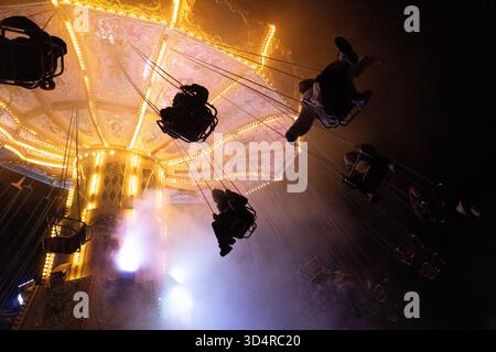 Hochheim, Hessen, Deutschland. November 2025. Besucher fahren auf einer Schaukel auf dem Hochheimer Markt in Hochheim, Deutschland. Die traditionelle Herbstmesse findet seit über 500 Jahren statt. (Kreditbild: © Matias Basualdo/ZUMA Press Wire) NUR REDAKTIONELLE VERWENDUNG! Nicht für kommerzielle ZWECKE! Stockfoto