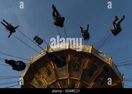 Hochheim, Hessen, Deutschland. November 2025. Besucher fahren auf einer Schaukel auf dem Hochheimer Markt in Hochheim, Deutschland. Die traditionelle Herbstmesse findet seit über 500 Jahren statt. (Kreditbild: © Matias Basualdo/ZUMA Press Wire) NUR REDAKTIONELLE VERWENDUNG! Nicht für kommerzielle ZWECKE! Stockfoto