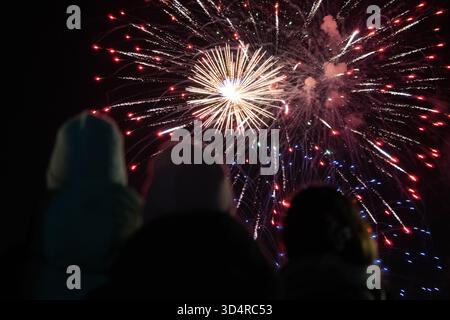 Hochheim, Hessen, Deutschland. November 2025. Man sieht ein Feuerwerk, das die letzte Nacht des Hochheimer Marktes in Hochheim markiert. Die traditionelle Herbstmesse findet seit über 500 Jahren statt. (Kreditbild: © Matias Basualdo/ZUMA Press Wire) NUR REDAKTIONELLE VERWENDUNG! Nicht für kommerzielle ZWECKE! Stockfoto