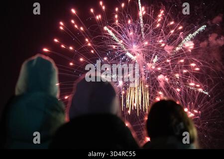 Hochheim, Hessen, Deutschland. November 2025. Man sieht ein Feuerwerk, das die letzte Nacht des Hochheimer Marktes in Hochheim markiert. Die traditionelle Herbstmesse findet seit über 500 Jahren statt. (Kreditbild: © Matias Basualdo/ZUMA Press Wire) NUR REDAKTIONELLE VERWENDUNG! Nicht für kommerzielle ZWECKE! Stockfoto