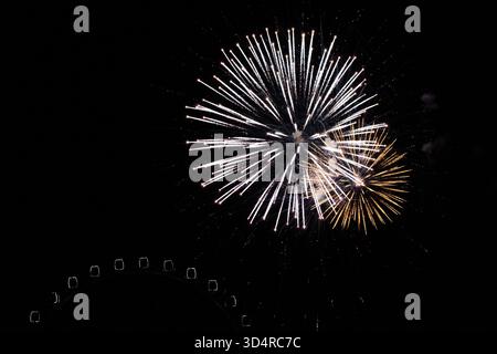 Hochheim, Hessen, Deutschland. November 2025. In der letzten Nacht des Hochheimer Marktes in Hochheim explodiert neben einem Riesenrad ein Feuerwerk. Die traditionelle Herbstmesse findet seit über 500 Jahren statt. (Kreditbild: © Matias Basualdo/ZUMA Press Wire) NUR REDAKTIONELLE VERWENDUNG! Nicht für kommerzielle ZWECKE! Stockfoto