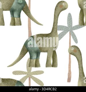 Dieses skurrile Aquarellmuster mit verspielten Dinosauriern und lebendigen Palmen ist perfekt für die Einrichtung von Kindern. Es inspiriert Kreativität und Freude und fügt jedem künstlerischen oder pädagogischen Raum Abenteuer hinzu Stockfoto