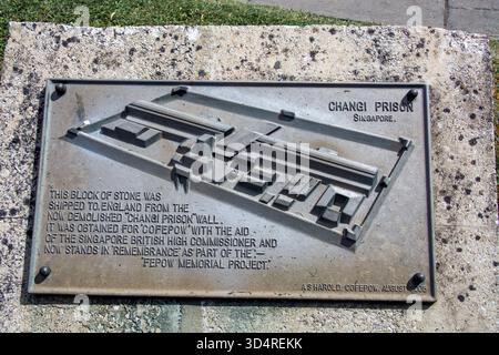 Steinblock der ursprünglichen Changi-Gefangenenmauer als Teil des FEPOW-Gedenkprojekts Stockfoto