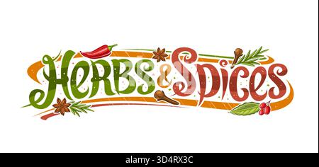 Vektor-Logo für Kräuter und Gewürze, dekorativer Voucher mit Illustrationen von rotem Cayennepfeffer und Rosmarinzweigen, horizontales Schild mit Handschrift Stock Vektor