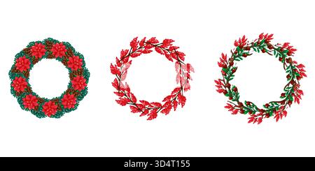 Eine wunderschöne Vektorkollektion mit drei verschiedenen Weihnachts- und Winterkränzen, verziert mit Weihnachtsstern, Tannenzapfen, Beeren und Grün Stock Vektor