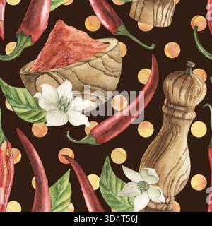 Ein nahtloses Muster mit roter Chili-Pfeffer, einem hölzernen Mahlwerk, gemahlenem Paprika in einer Tasse, Basilikumblättern und weißen Blüten auf dunkelbraunem Hintergrund Stockfoto