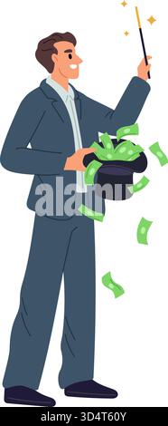 Zufriedener Geschäftsmann führt Zaubertrick mit Zauberstab und magischem Hut voller Geld aus. Zauberspruch für Finanz-Erfolg. Erfolgreicher Investor. Einfach Stock Vektor