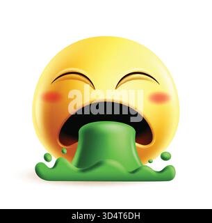Emoji Kotze Erbrochen 3D-Charakterclipart. Emoji krank Erbrochenes Gesicht Clip Art mit grüner Flüssigkeit spucken, Unwohlsein, Übelkeit, krank, verärgert, grobe und ungesunde Gesichtsschädigung Stock Vektor