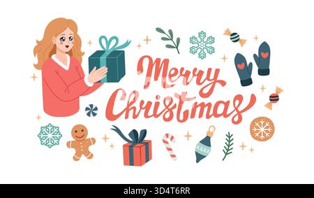 Weihnachten, Happy Holidays Grußkartendesign mit Mädchen im Manga-Stil mit Weihnachtsmann-Hut und Geschenkboxen. Frohe Weihnachtsschrift. Weihnachtsvektor-Illustration. Anime-Stil, flaches Design. Stock Vektor