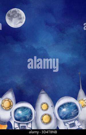 Rechteckiger Rahmen mit Astronauten, Raketen, Mond, geschwollenen blauen und dunkelblauen Wolken, Nachthimmel Hintergrund. Digitales Aquarell Stockfoto