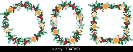 Set rustikaler Weihnachts- und Neujahrskränze. Runde, ovale und quadratische Naturrahmen für Urlaubsmotive. Vorlagen für Formen aus Tannenzweigen Stock Vektor