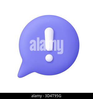 Violette Sprechblase mit weißem Ausrufezeichen. Warnung, Warnung, Vorsicht, Achtung, wichtige Nachricht, Messaging-App und Benachrichtigungskonzept. 3D ve Stock Vektor