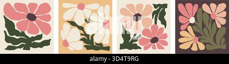 Set Mit Retro-Blumenmuster. Farbenfrohe Vintage-Blumen und Blätter in gedämpften Erdtönen, perfekt für Designprojekte. Isolierte, Naive Rechteckmuster, Handzeichnung. Stock Vektor