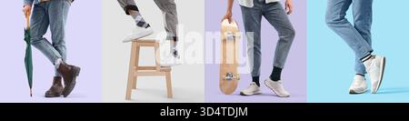 Set von Männern in stilvollen Schuhen auf farbigem Hintergrund Stockfoto